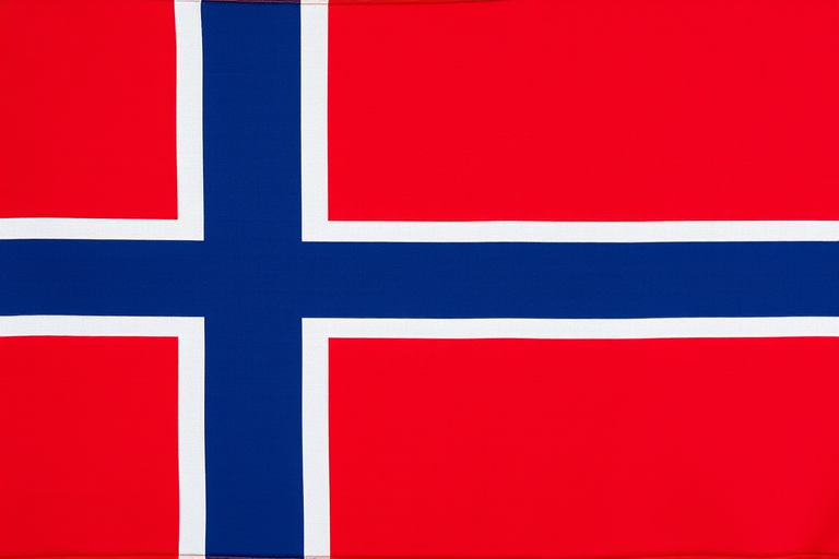 Create a high-resolution image of the Norwegian flag with vivid colors, using a DSLR camera at f/8 aperture, 1/200 sec shutter speed, ISO 100, with a 24mm lens, shot from a flat overhead view to capture the flag's details and textures.