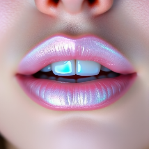 Ethereal iridescent lips shimmer with pearlescent hues, transforming from pale pink to soft blue depending on the angle of view