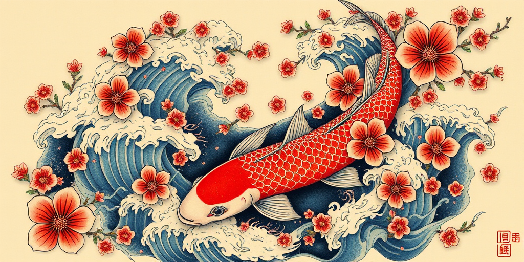 Japanese-inspired irezumi tattoo titled "Koi Cascade" featuring a large-scale full-body design of swirling water koi fish and cherry blossoms in vibrant traditional colors