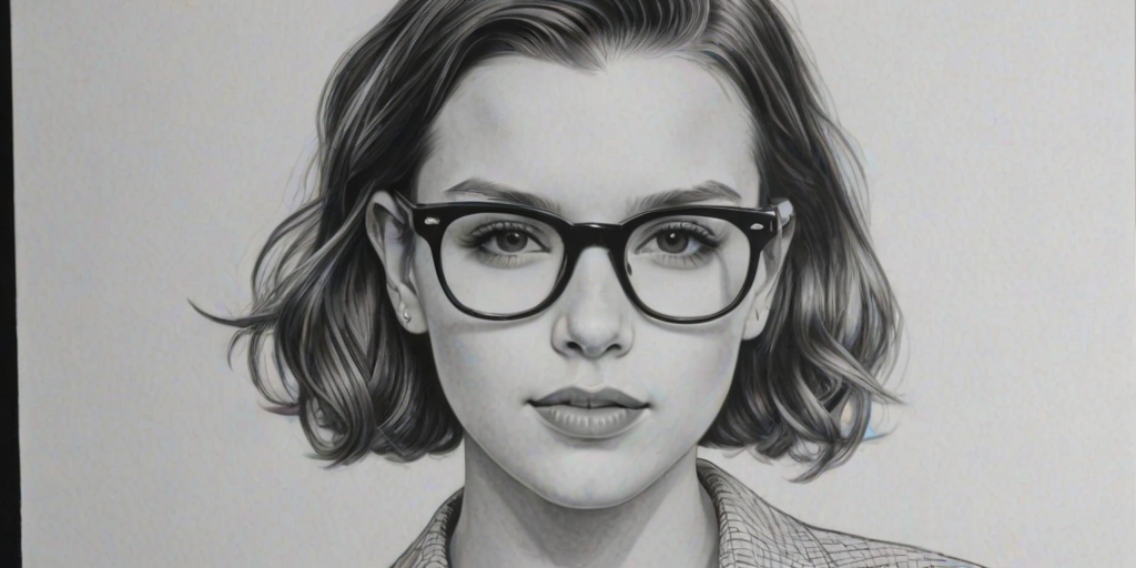 Graceful Millie Bobby Brown, pencil sketch, portrait of Sublime woman 1959s in glasses, hair style beatnik, outline, clear lines, fine lines, 8k