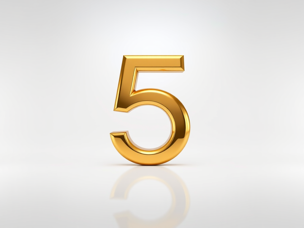 Create a high-resolution image of a large, glossy gold number 5 with reflections and highlights on a white background, shot with a DSLR camera at f/2.8, 50mm lens, in a well-lit studio setting.