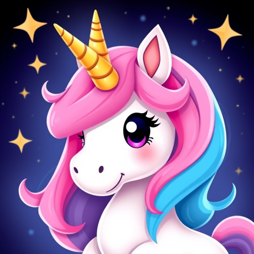 A colorful cartoon unicorn with a pink and blue mane, a golden horn, and stars in the background, captured with a Canon EOS R5, 50mm lens, f/1.8 aperture, 1/200s shutter speed, vibrant colors and high contrast.