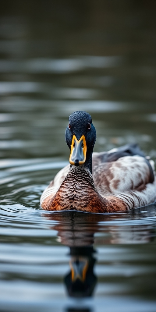 Capture a close-up of a female duck swimming on a calm body of water, using a DSLR camera with a 50mm lens, aperture set to f/2.8 for shallow depth of field, ISO 200 for optimal lighting, and a shutter speed of 1/1000s to freeze the motion, shot at eye level for a natural perspective.