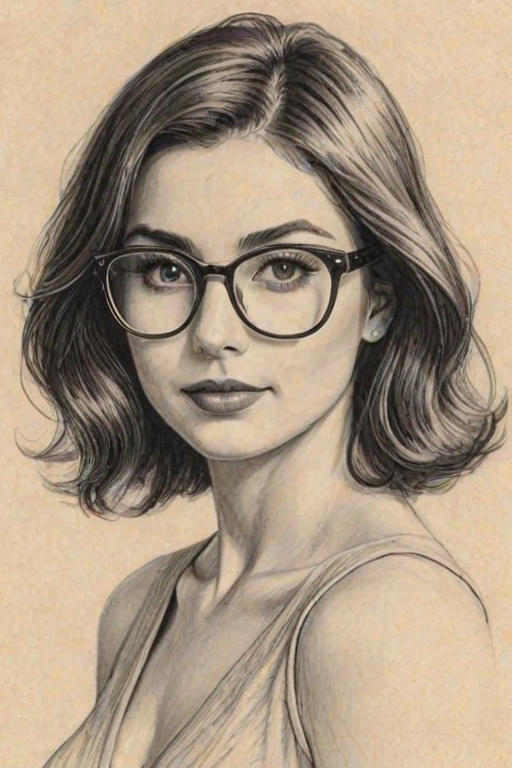 Radiant Mikaela Hoover, pencil sketch, portrait of Alluring woman 1926s in glasses, hair style beatnik, outline, clear lines, fine lines, 8k