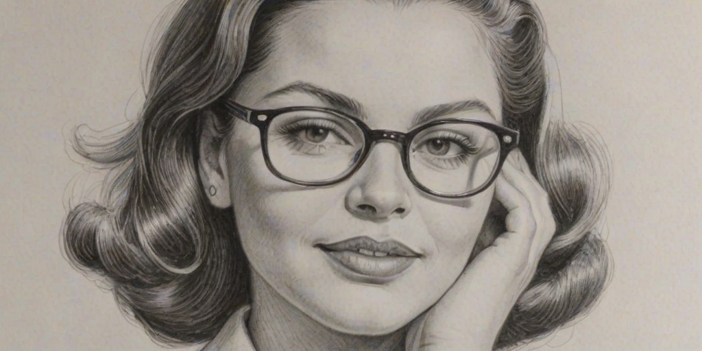Comely Mo'Nique, pencil sketch, portrait of Pleasing woman 1948s in glasses, hair style beatnik, outline, clear lines, fine lines, 8k