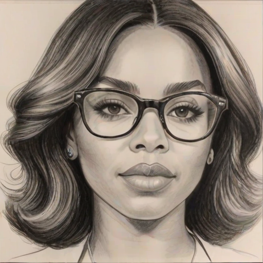 Radiant Ashanti, pencil sketch, portrait of Fascinating woman 1973s in glasses, hair style beatnik, outline, clear lines, fine lines, 8k