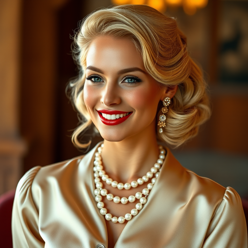 A beautiful Inca woman reminiscent of 1950s Hollywood glamour, with perfectly styled blonde hair and a seductive smile, dressed in a satin blouse and adorned with pearls, soft and warm tones, photorealistic, 8K