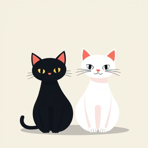 Create an image of two stylized cats, one black and one white, on a soft gradient background, using a digital camera with a 50mm lens at f/2.8, ISO 100, shot from a frontal view in a vector art style.