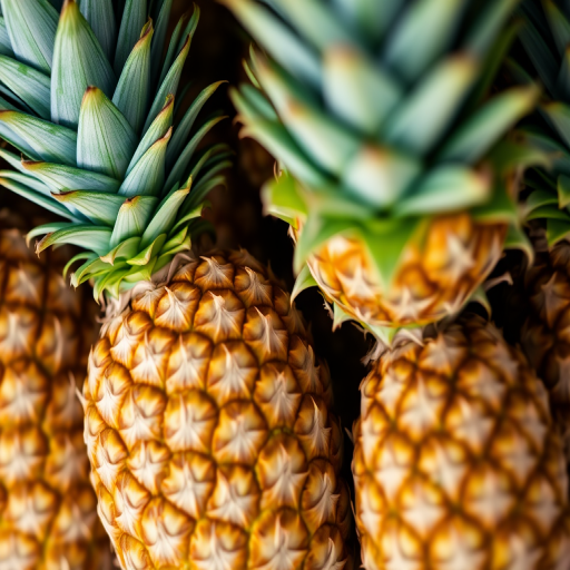 High-resolution close-up of fresh pineapples stacked together, shallow depth of field, natural lighting, ISO 100, f/2.8 aperture, 50mm lens, DSLR camera.