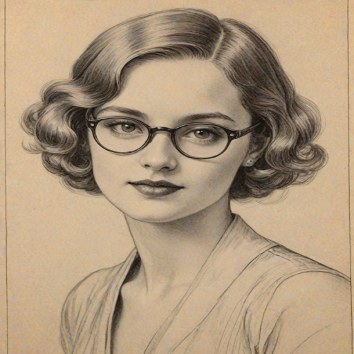 Beauteous Mary Elizabeth Ellis, pencil sketch, portrait of Lovely woman 1920s in glasses, hair style beatnik, outline, clear lines, fine lines, 8k