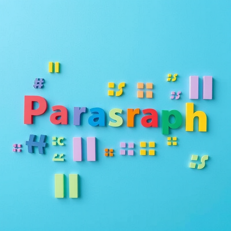 Regenerate the image of colorful paragraph symbols arranged in a wave pattern on a gradient blue background, using a DSLR camera with a 50mm lens, aperture f/1.8, ISO 200, and soft natural lighting for enhanced clarity and vibrancy.