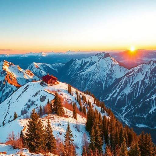 Capture a breathtaking mountain landscape during golden hour with a focus on a chalet atop snow-covered peaks, utilizing a full-frame camera, ISO 100, f/8 aperture, 24mm lens, shot from a high-angle perspective to enhance depth and detail.