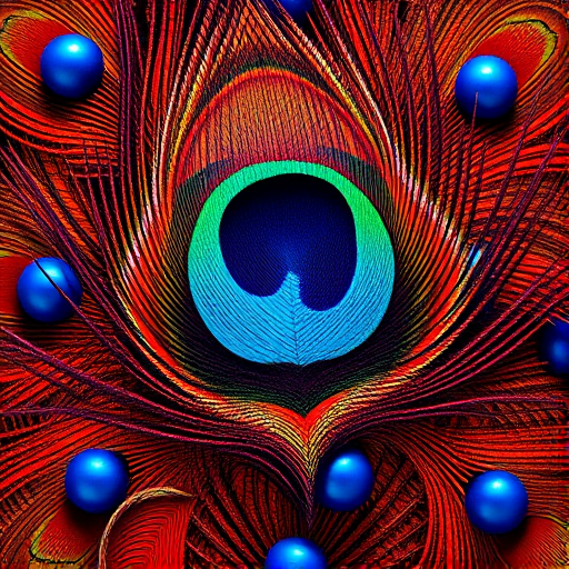 Create a high-resolution abstract pattern featuring swirling peacock feather designs in vibrant colors with glossy blue orbs, use a Canon EOS R5 with a 50mm f/1.2 lens, aperture set to f/8, ISO 100, shutter speed 1/125s, shot from a top-down perspective, using macro photography settings for detailed texture and clarity.
