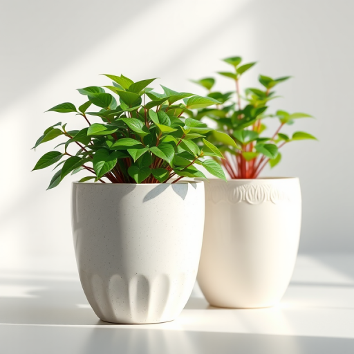 Create a high-resolution 3D rendering of two decorative plant pots with lush green foliage, using a Canon EOS R5 camera with a 50mm lens at f/1.8, ISO 100, and a soft natural light setting, captured from a low angle for depth and detail enhancement.