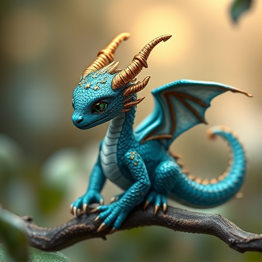 Generate a highly detailed fantasy illustration of a small blue dragon with intricate gold embellishments, sitting on a twisting vine, using a Canon EOS R5, 50mm lens, f/1.8 aperture, ISO 100, and a shallow depth of field for a sharp focus on the dragon against a softly blurred background.