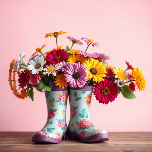 Create an image of colorful flowers blooming from a pair of floral-patterned rubber boots, with a soft pastel background, using a DSLR camera with a 50mm lens, aperture f/1.8, ISO 100, and natural light, capturing a close-up view with a shallow depth of field.