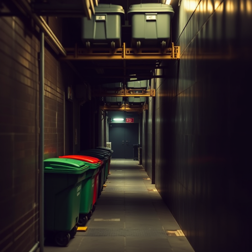 A dimly lit alleyway with a perspective view, featuring green and red trash bins, metal framework with trash containers overhead, dark walls, 35mm lens, f/2.8 aperture, ISO 400, depth of field effect, urban photography style, high dynamic range imaging.