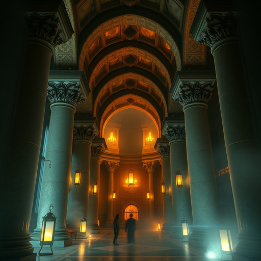 fantasy interior with columns and archways, ethereal lighting, glowing lanterns, and mystical atmosphere, wide-angle view, soft focus, DSLR camera, aperture f/2.8, ISO 200, shutter speed 1/60s, ambient lighting, high-resolution quality