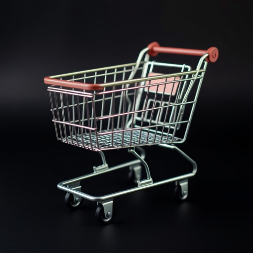 Create a high-resolution photo of a metallic shopping cart on a black background, using a DSLR camera with a 50mm lens, aperture set to f/2.8, ISO 100, and a softbox for even lighting, captured from a low angle to emphasize the cart's design.