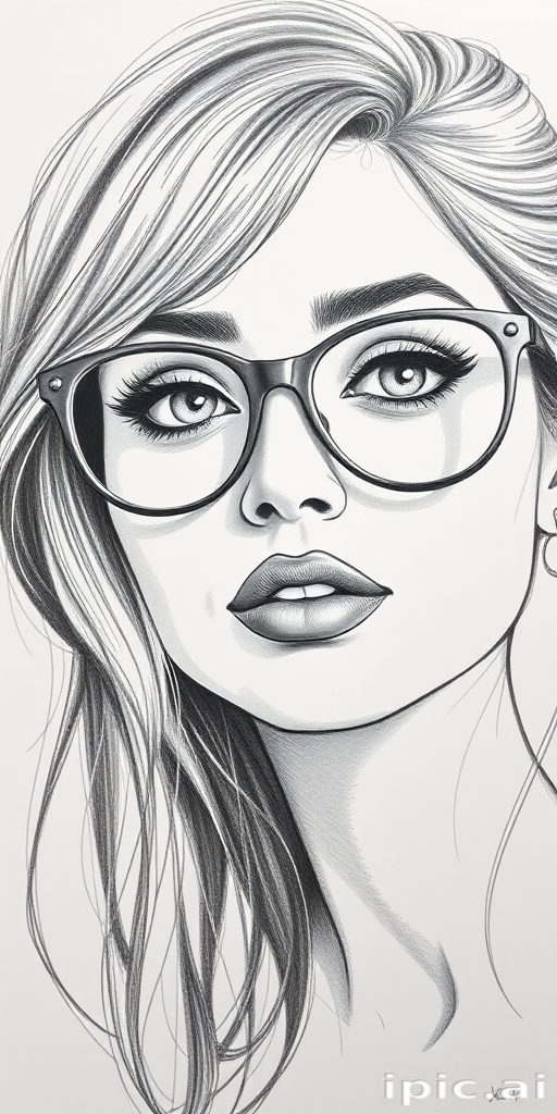 hot mia khalifa, pencil sketch, portrait of beautiful woman 60s in glasses, hair style beatnik, outline, clear lines, fine lines, 8k