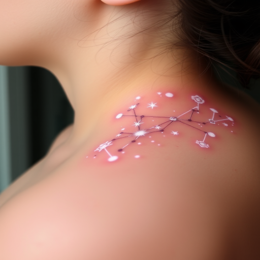 Ethereal white ink constellation tattoo titled "Celestial Whisper" depicting a delicate arrangement of stars and celestial bodies connected by fine, barely visible lines that seem to float just beneath the surface of the skin, creating a subtle and dreamlike effect that appears to glow softly in certain lights, perfect for those seeking a discreet yet enchanting tattoo design