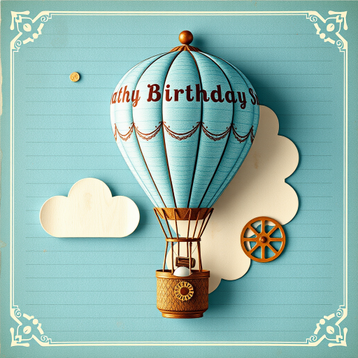 Create a vintage-themed birthday card featuring a whimsical hot air balloon with a pastel blue design, aged paper background, and steampunk elements, captured with a DSLR camera at f/2.8 aperture, 50mm lens, and natural lighting for enhanced texture and detail.