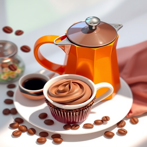 Create a high-resolution illustration of a cozy coffee scene featuring a bright orange coffee pot, a chocolate frosted cupcake, a small espresso cup, and macarons, arranged on a white plate with scattered coffee beans, using a DSLR camera with a 50mm lens at f/1.8, shot from a top-down view with soft natural lighting to enhance the colors and details.