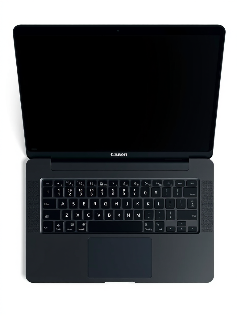 create a high-resolution digital illustration of a sleek black laptop with a glossy screen, top-down view, using a Canon EOS 5D Mark IV with a 50mm lens, aperture f/2.8, ISO 100, and soft studio lighting for enhanced clarity and detail