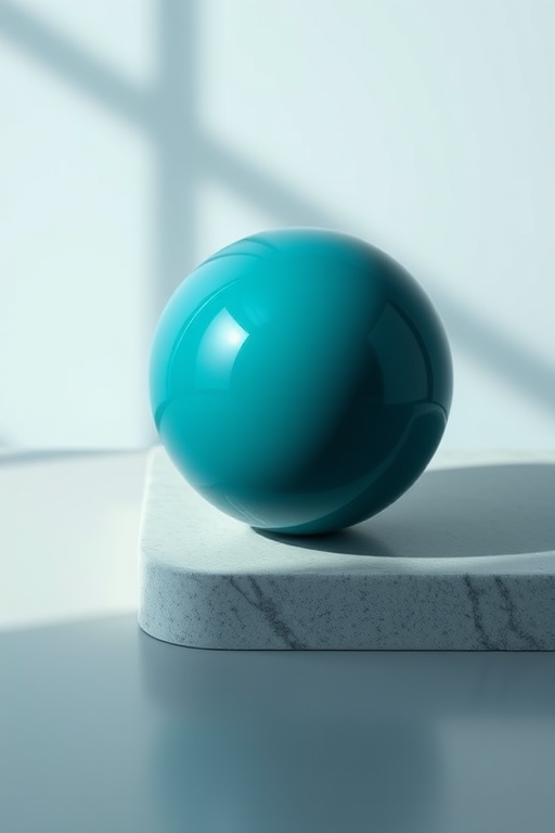 Create a high-resolution image of a glossy teal sphere resting on a shadowed surface with a soft gradient background, using a 50mm lens, f/2.8 aperture, ISO 100, shot from a slightly elevated angle to capture reflections and depth.