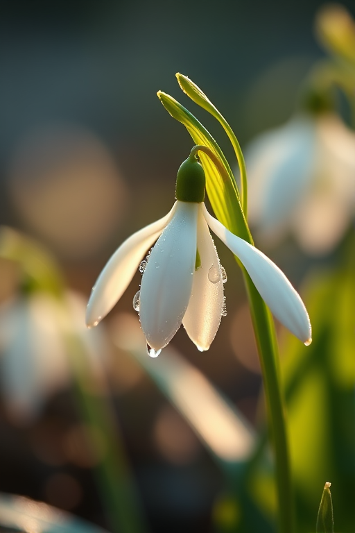 Capture a close-up image of a snowdrop flower with dew drops in the early morning light, using a Canon EOS R5 with an 85mm f/1.2 lens, aperture set at f/2.8, ISO 100, shutter speed at 1/200s, with a shallow depth of field to create a blurred bokeh background and a soft pastel color palette.