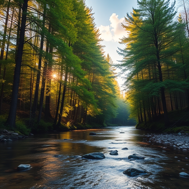 Create an image of a serene, sunlit forest scene with a clear, gently flowing river. Tall trees with lush green foliage line both sides of the river, their leaves bathed in the warm golden light of the setting or rising sun. The sunlight filters through the trees, casting soft, dappled light on the river, which flows over smooth rocks and pebbles, creating a peaceful, natural atmosphere. The sky is bright with a few scattered clouds, and the overall mood is tranquil, evoking a deep sense of connection with nature. The image captures the beauty of a calm, pristine forest landscape at either dawn or dusk.