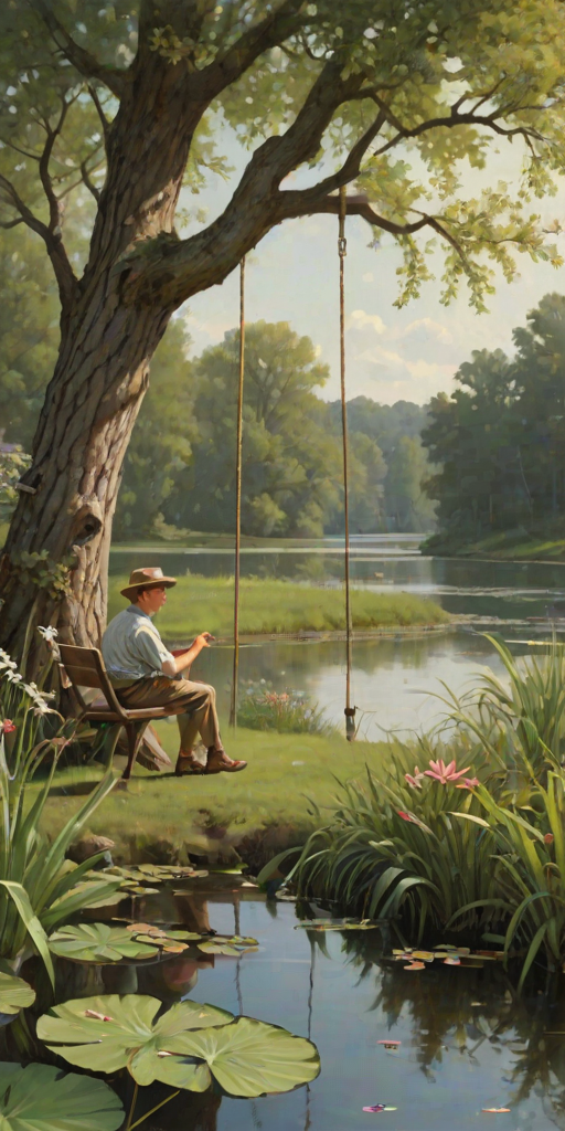 Imagine a small group of old fashioned young boys out fishing by the creek, a swing hanging from a tree branch, reeds and grasses by the water's edge, a frog sitting on a lily pad, dragonflies hovering over som water plans, a very iconic old fashioned scene reminiscent of a Norman Rockwell painting style