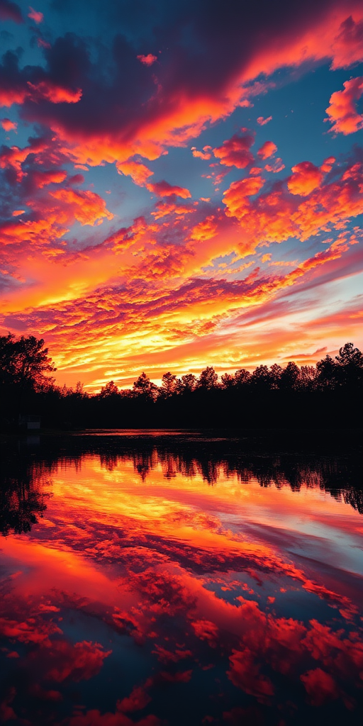 A vibrant sunset over a serene lake, captured with a Canon EOS R5, ISO 100, f/8 aperture, 24mm lens, at a low angle for dramatic reflections, utilizing HDR imaging for enhanced color depth and clarity.