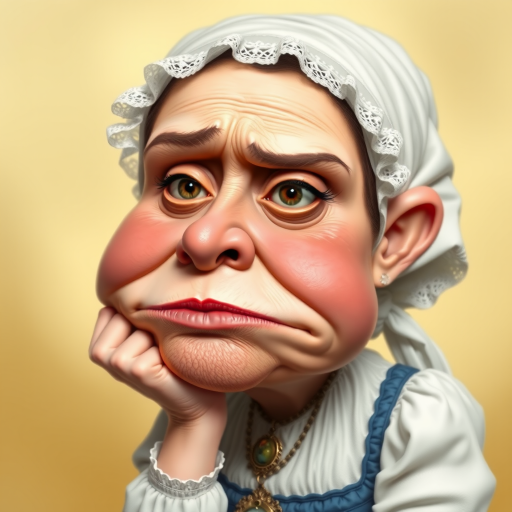 The image is a caricature of a woman with exaggerated features. She is wearing a white bonnet with lace trim and a white blouse with a blue bodice. She is leaning her chin on her hand with a bored or tired expression. Her lips are full and pouty, her cheeks are round and puffy, and her eyes are wide and slightly crossed. Her nose is long and thin, and her brows are furrowed. She is wearing a necklace with a large, ornate pendant. The background is a soft, blurry yellow. The overall effect is humorous and slightly grotesque.