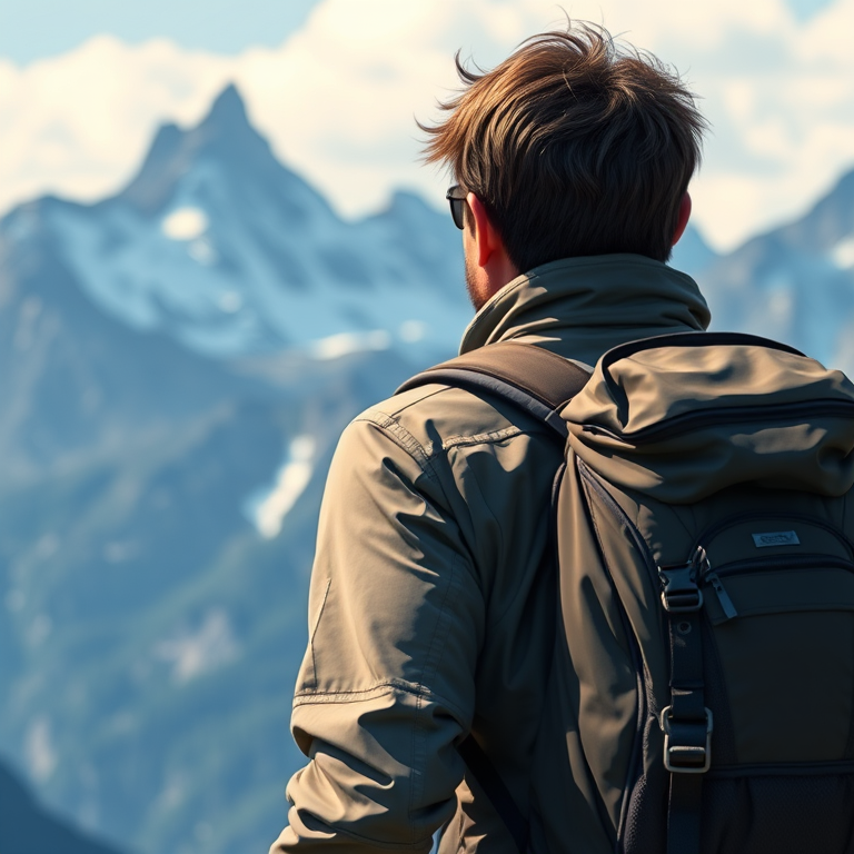 create a detailed illustration of a hiker in a mountainous landscape with a focus on the back of the figure, capturing textures of the backpack and clothing, using a DSLR camera with a 50mm lens, aperture set to f/2.8 for shallow depth of field, shooting from a slightly low angle perspective to emphasize the height of the mountains, using a soft natural light to enhance colors and details in the scene
