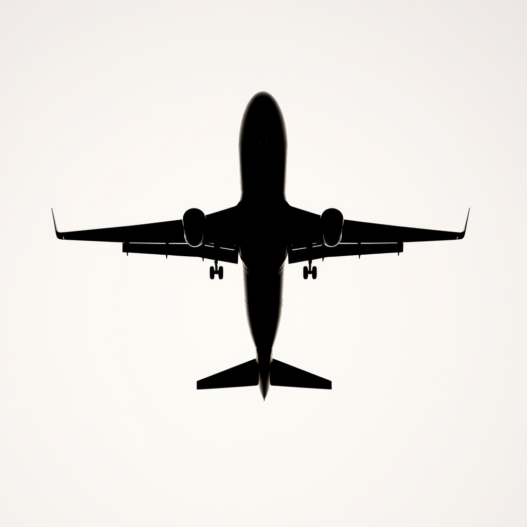 Create a high-resolution image of a silhouette of an airplane against a light background, using a DSLR camera with a 50mm lens, aperture set to f/8, shutter speed 1/250s, ISO 100, shot from a slightly low angle to emphasize the aircraft shape and details.