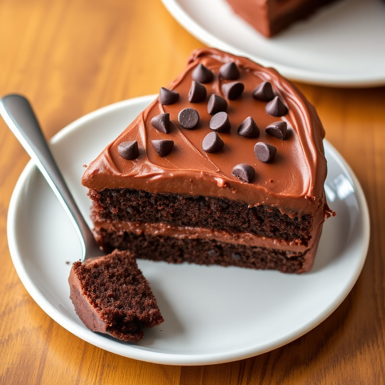 A slice of rich chocolate cake with smooth chocolate frosting topped with chocolate chips on a white plate with a fork beside it. The cake has layers and a moist texture, placed on a wooden table.