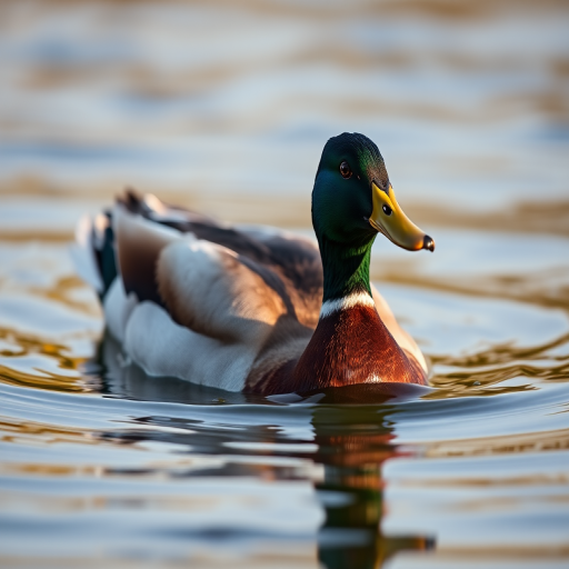 A close-up of a swimming mallard duck in calm water with soft golden reflections, shot with a DSLR camera, 100mm lens, f/2.8 aperture, ISO 200, and shutter speed 1/500 seconds for enhanced detail and depth of field.