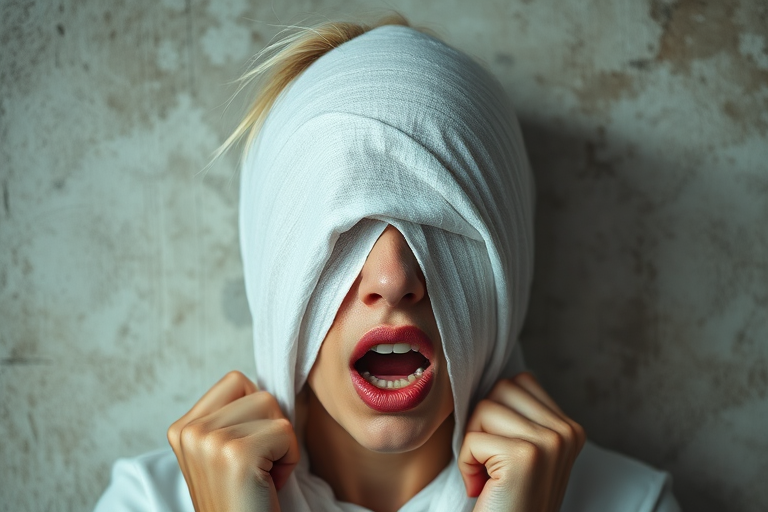 Create a close-up photographic image of a Armenian woman with light skin tones shown against an old, worn wall. Their head is wrapped in a white cloth covering (i.e.... parts of the head except the nose and mouth, which are open as if they are screaming...), with a slight texture and visible folds in the fabric. Thin strands of blonde hair escape from the wrapping above, falling lightly at the top and sides. Their hands hold the fabric as if they are tugging nervously. The lighting is dramatic and even, casting strong shadows. The image has a minimalist and surreal style with an emphasis on simplicity with soft color tones. The composition is centered.
