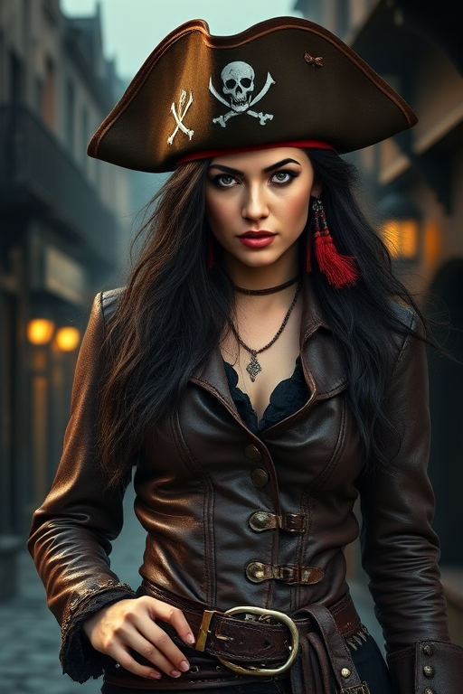 Create a portrait of a fierce female pirate. She wears a leather tricorn hat adorned with a skull and crossbones emblem, and her long, dark hair flows around her face. Her outfit consists of a richly detailed leather jacket, a corset, and multiple layers of belts and accessories, giving her a formidable and stylish appearance. She stands confidently in a dimly lit, historic port town, with a backdrop of weathered buildings and cobblestone streets, capturing the adventurous spirit of a pirate.