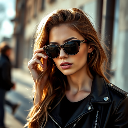 Outdoor shot, stunning female model, vintage leather jacket, sunglasses, cinematic effect, Position the camera at the model’s eye level using a 35mm f/1.4 lens