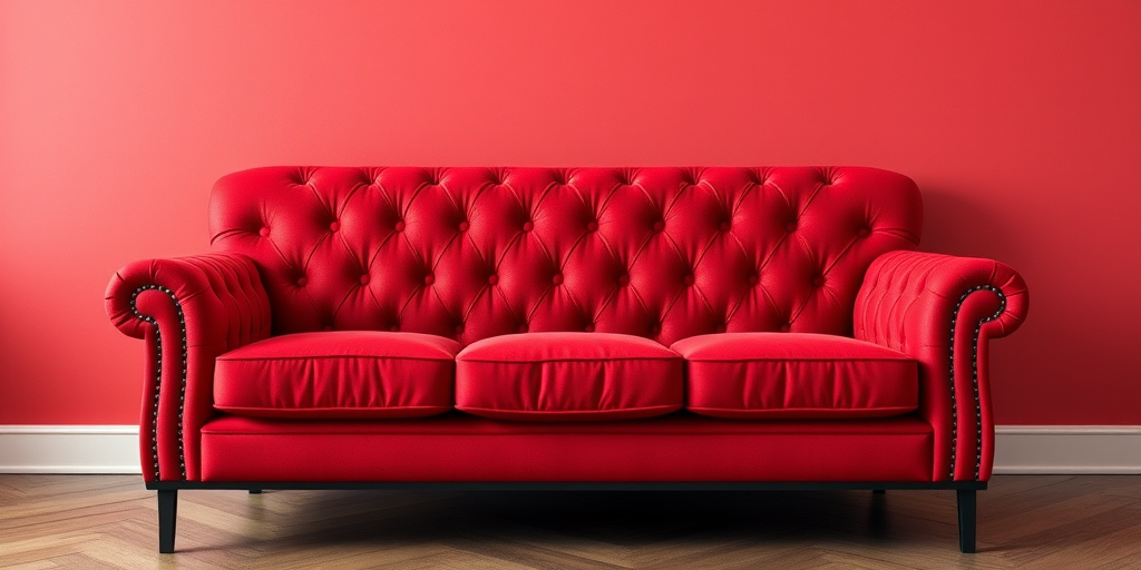 Create a high-resolution image of a tufted red sofa with a black frame, using a DSLR camera with a 50mm lens, aperture f/2.8, ISO 100, shot from a straight-on angle to enhance detail and color vibrancy.