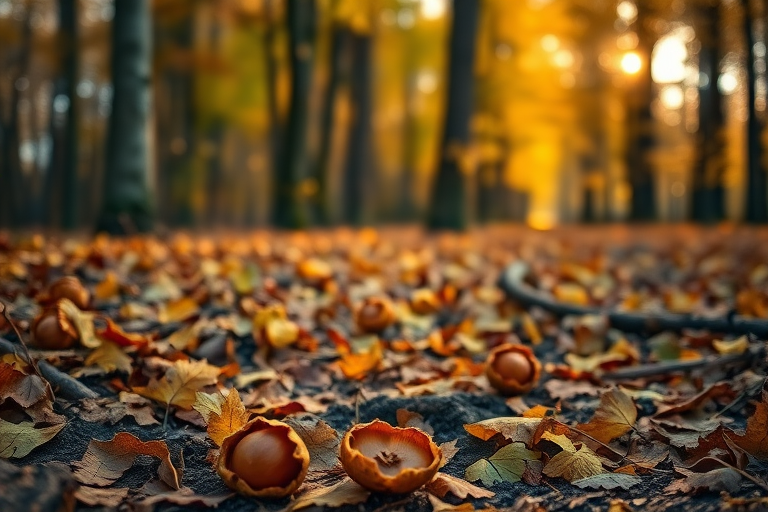 autumn forest scene with fallen leaves and chestnuts on the ground, soft diffused lighting, shallow depth of field, f/2.8, 85mm lens, ISO 100, golden hour, DSLR camera