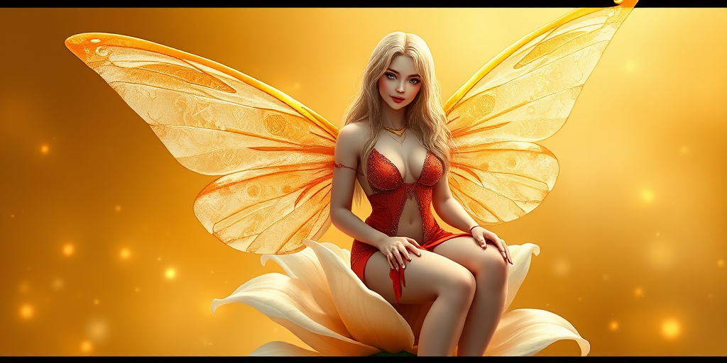 A digital artwork features a winged fairy with delicate Ivory butterfly wings, adorned with intricate Ochre and Spring patterns. She is seated on a vibrant Cream flower, wearing a revealing red two-piece outfit with sparkling beadwork. Her fair skin, long blonde hair, and gold jewelry add to her ethereal appearance. The background is a warm, golden gradient, creating a magical atmosphere. Small glowing orbs and sparkles surround the flower, enhancing the enchanting, highly detailed, and realistic scene.