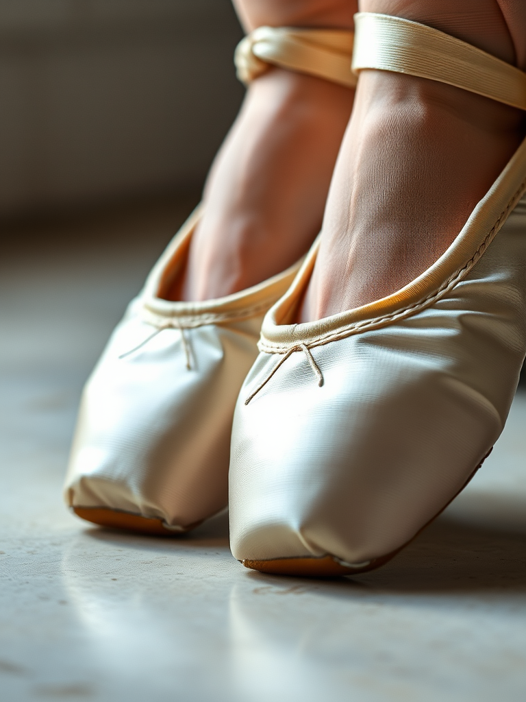 Create a detailed image of a pair of ballet shoes with a focus on intricate stitching and texture, using a DSLR camera with a 50mm lens, f/1.8 aperture, 1/200 shutter speed, and soft natural lighting for enhanced clarity and depth.