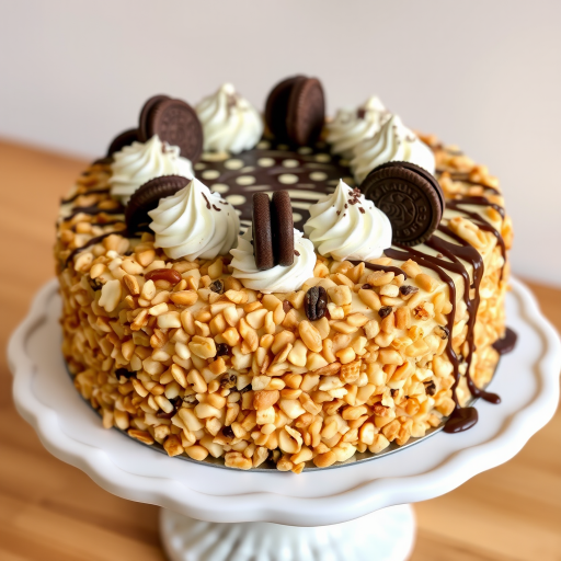 A beautifully decorated cake covered in chopped nuts with swirls of whipped cream on top and chocolate drizzle, garnished with cookies and a rich chocolate layer, displayed on a decorative white cake stand.