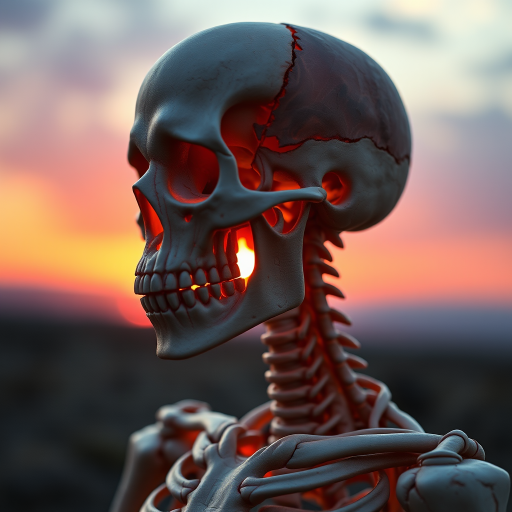 Create a hyper-realistic image of a skeletal figure with intricate organic textures exposed, featuring a mix of bone and muscle tissues, set against a dramatic sunset background, using a DSLR camera with a 50mm lens, aperture set to f/1.8, ISO 100, and shutter speed at 1/200s to enhance depth of field and detail.