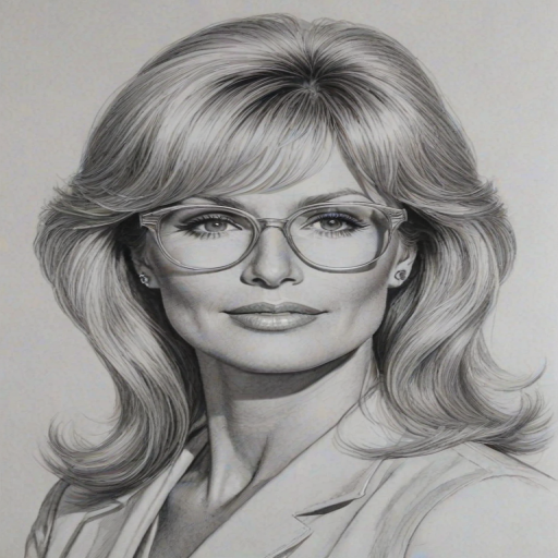 Radiant Linda Evans, pencil sketch, portrait of Gorgeous woman 1978s in glasses, hair style beatnik, outline, clear lines, fine lines, 8k
