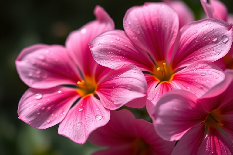 close-up of pink flowers with droplets of water on petals, shallow depth of field, macro lens, f/2.8, 1/250s, ISO 100, soft natural lighting, Canon DSLR