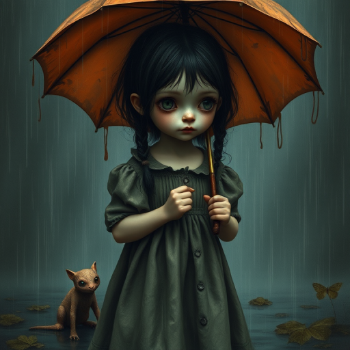An eerie, weird little girl with dark hair in thin pigtails, wearing a smock dress, standing in the rain, holding a dirty orange umbrella, a small, odd creature beside her. In a surreal style inspired by Nicoletta Ceccoli and Brian Froud. Dark fantasy themes